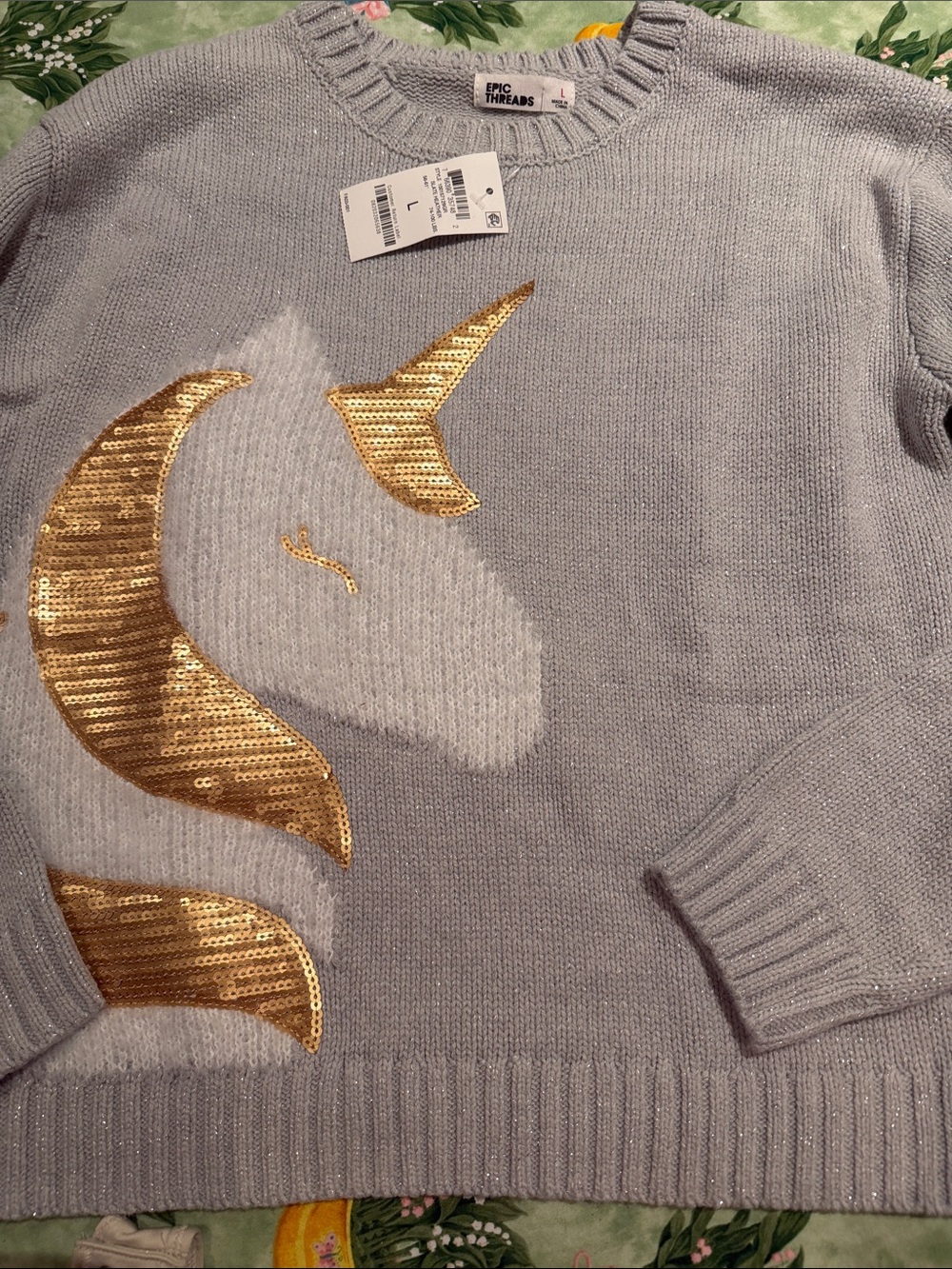 Epic Threads Light Gray Sequin Unicorn Sweater